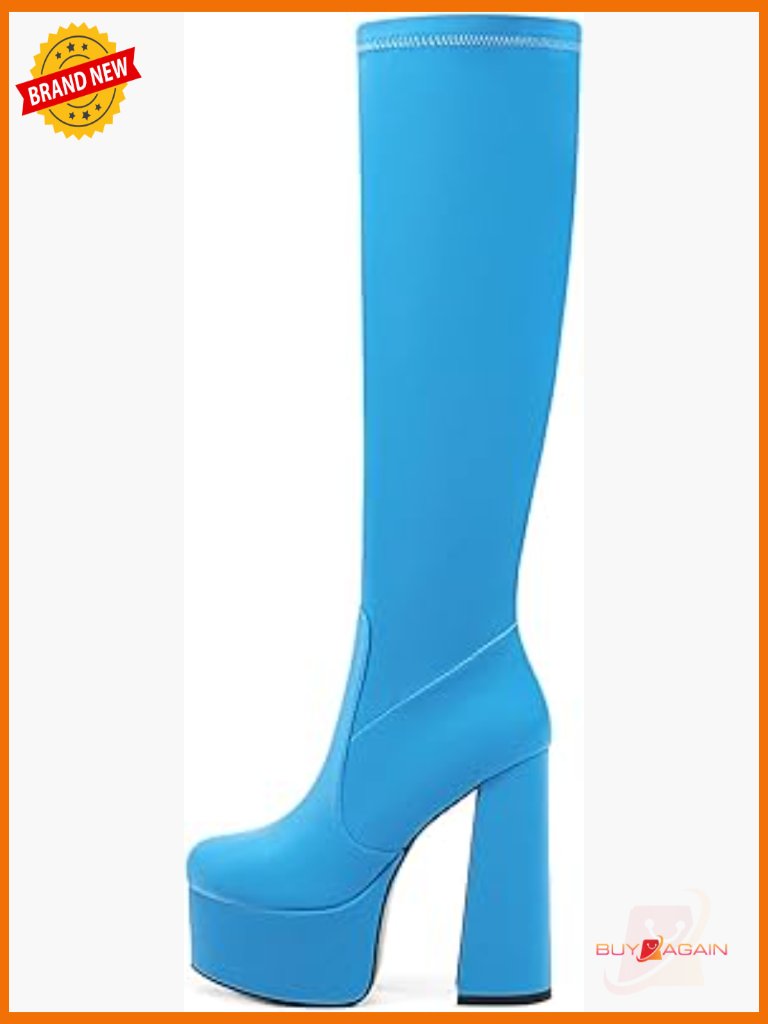 Chunky Heel Knee High Boots Platform Stretch With Side Zipper